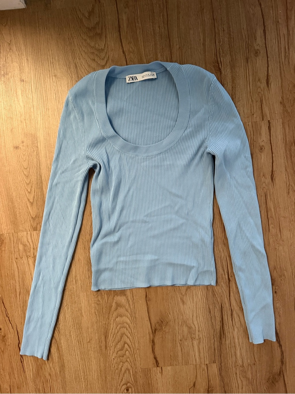 Zara Baby Blue Ribbed Scoop-Neck Long Sleeve Top